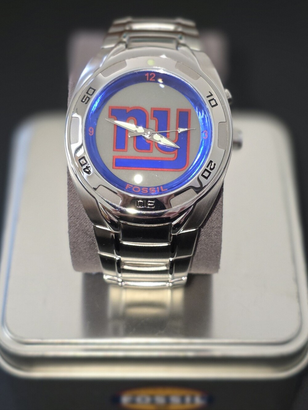 Vtg Fossil NFL 1009 Mirrored Kaleido Flashing NY New York Giants Football RARE